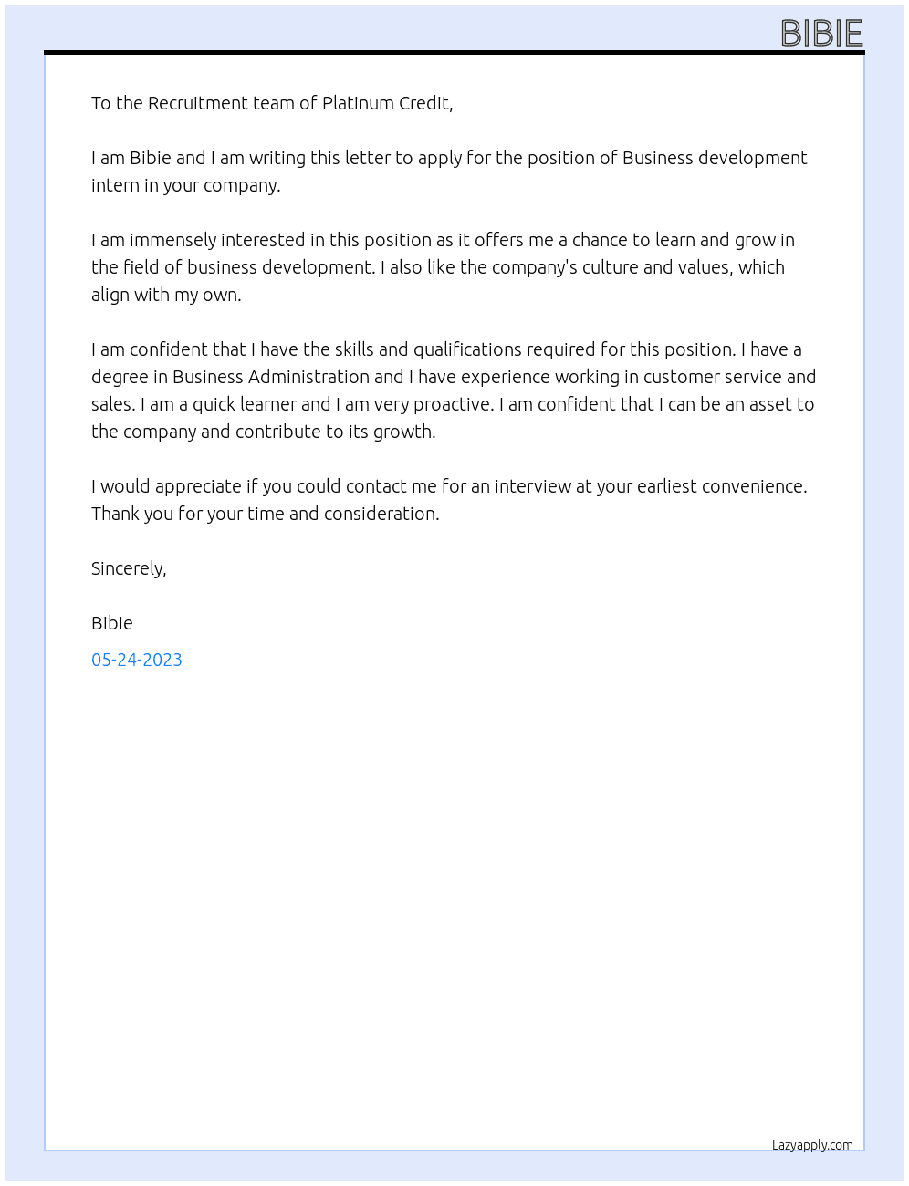 Business development intern At Platinum credit  Cover Letter