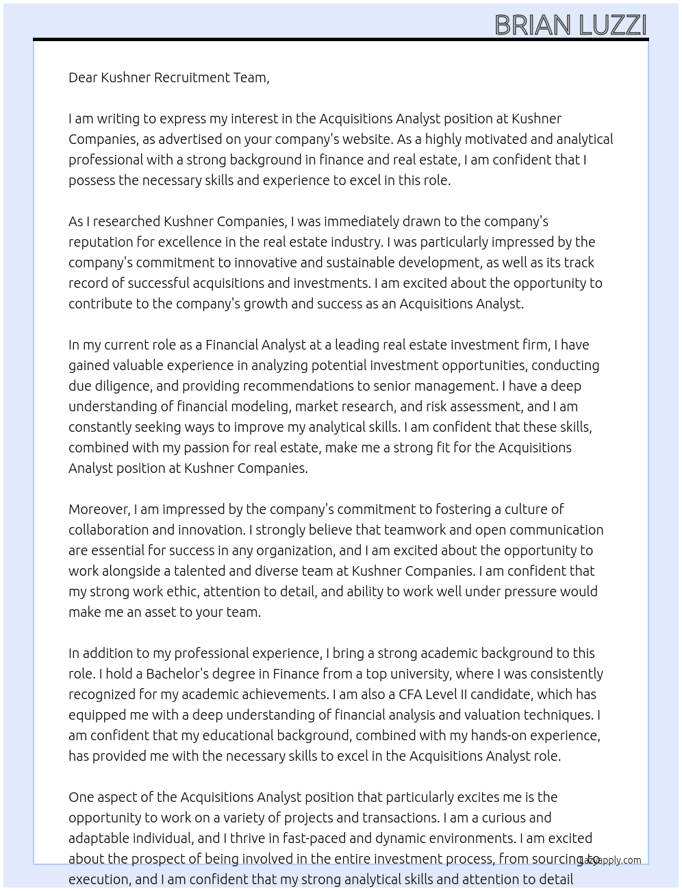 Acquisitions Analyst At Kushner Companies Cover Letter