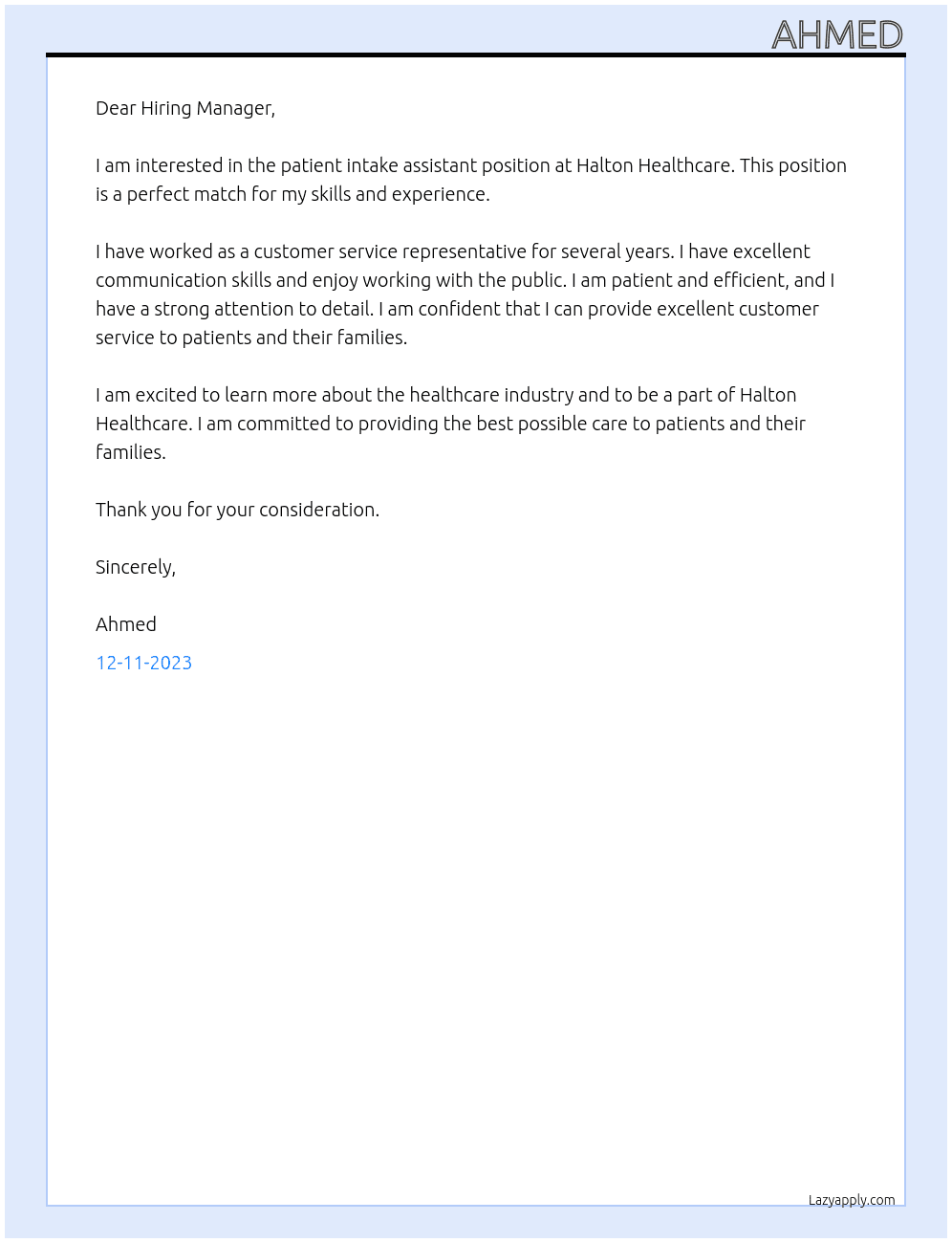 patient intake assistant At Halton Healthcare Cover Letter