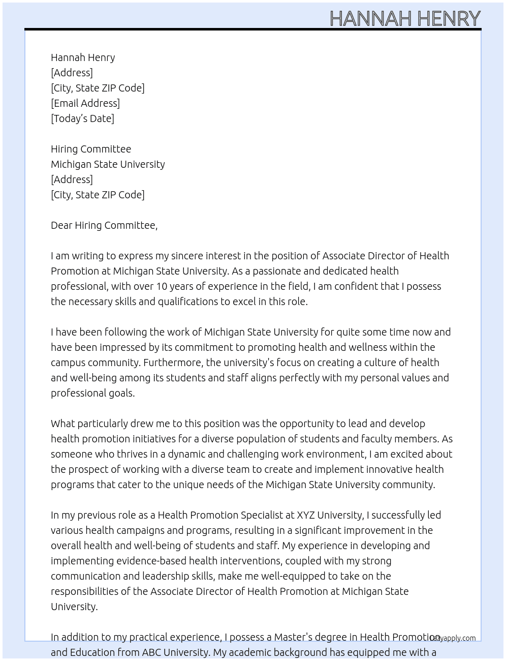 Associate Director of Health Promotion At Michigan State University Cover Letter