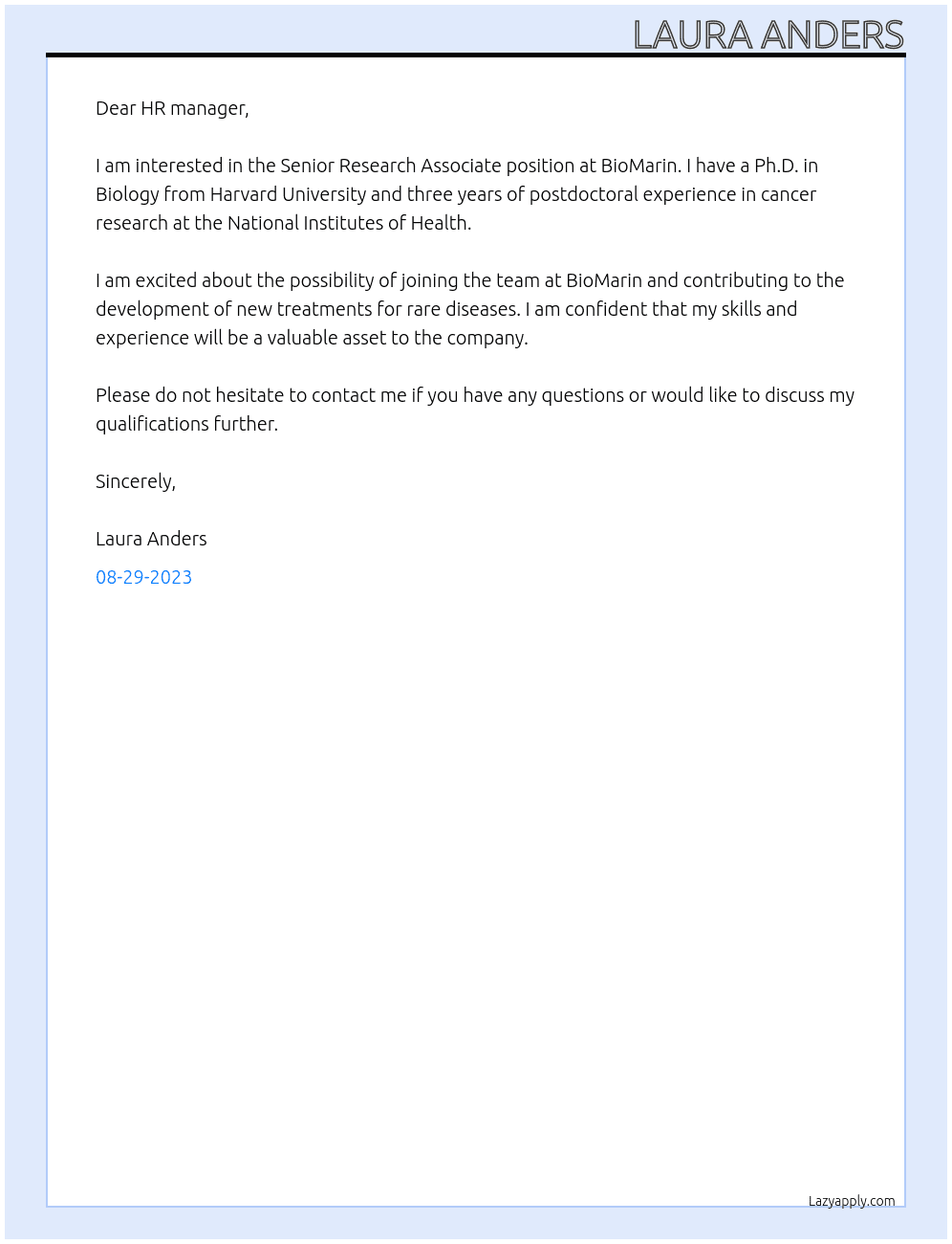 Senior Research Associate At BioMarin Cover Letter