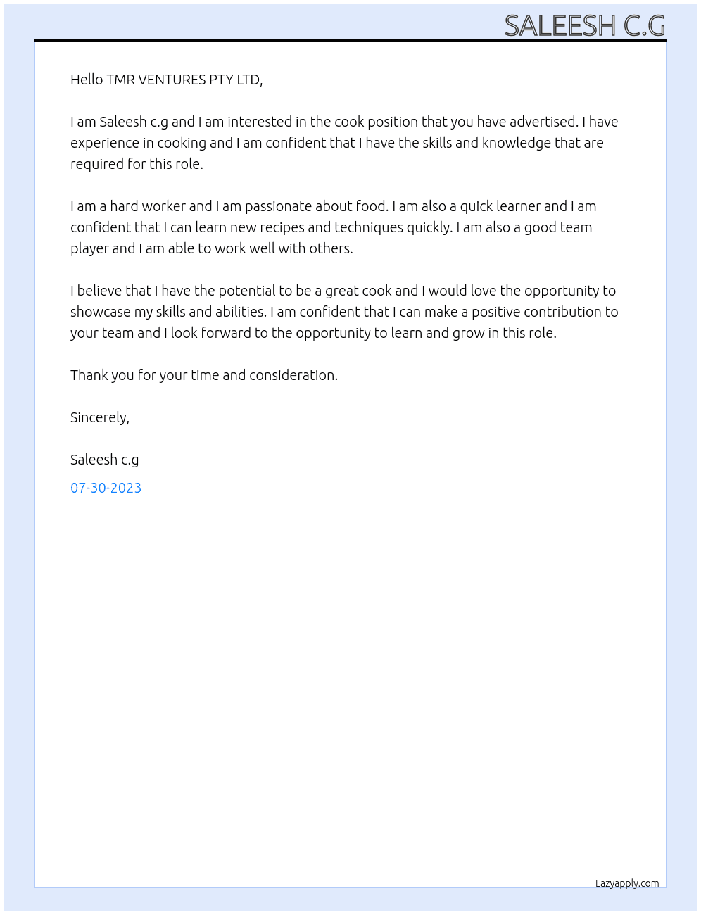 Cook At TMR VENTURES PTY LTD Cover Letter