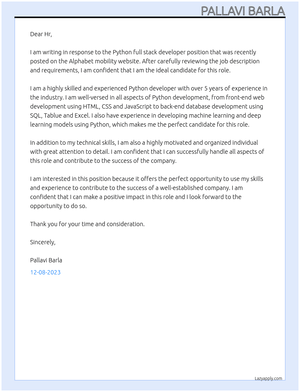 Python full stack developer  At Alphabet mobility  Cover Letter