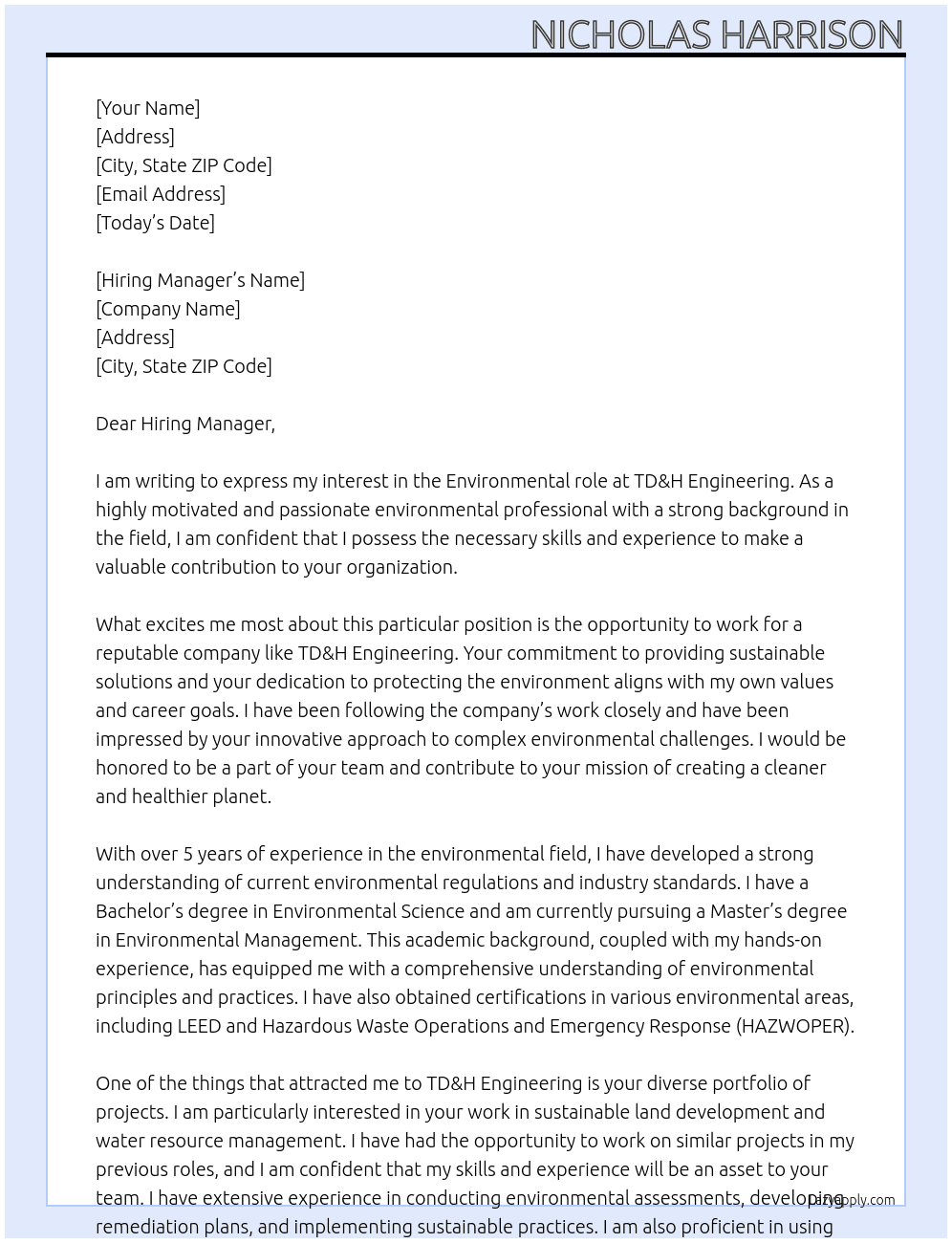 Environmental role At TD&H Engineering Cover Letter