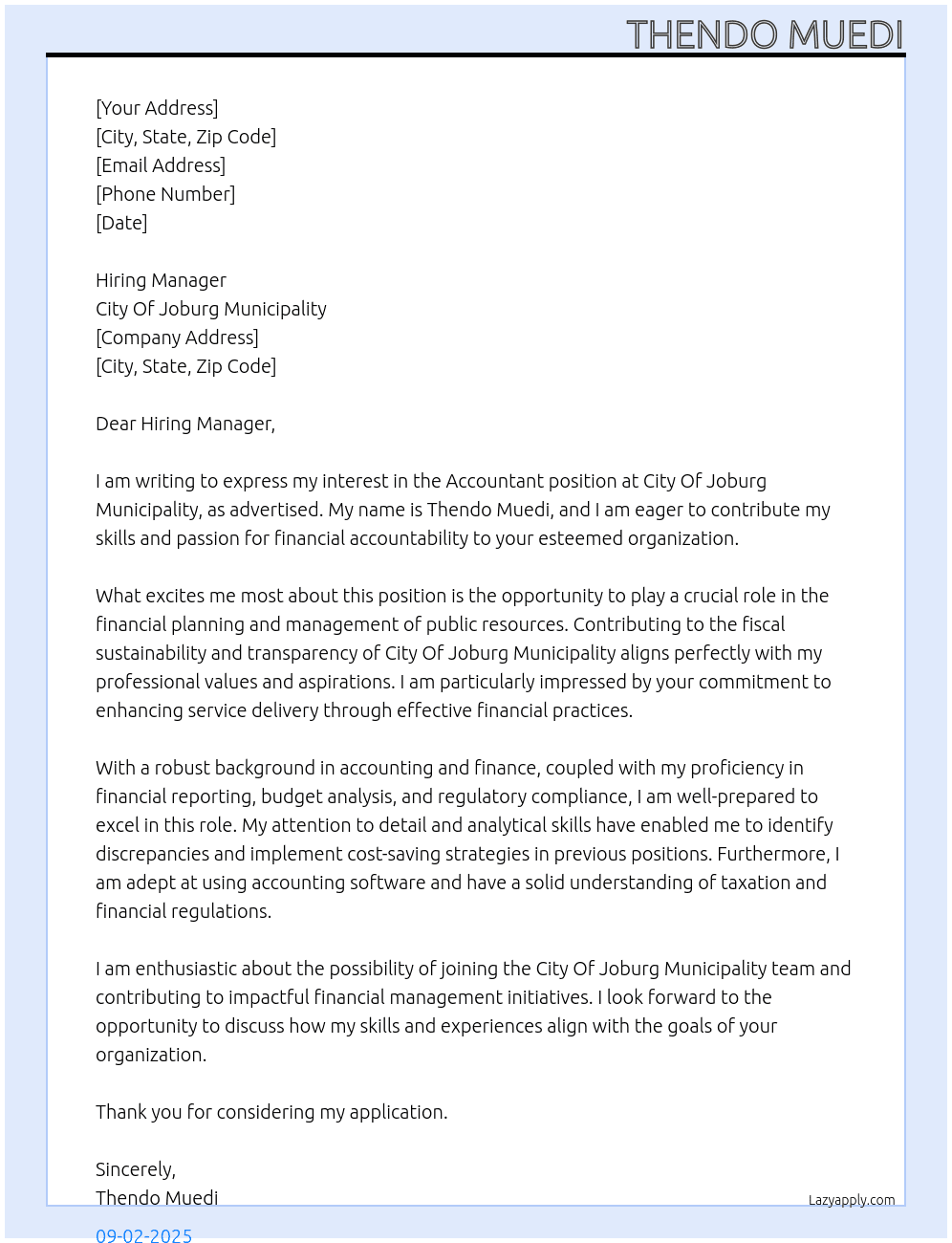 Accountant At City Of Joburg Minucipality Cover Letter