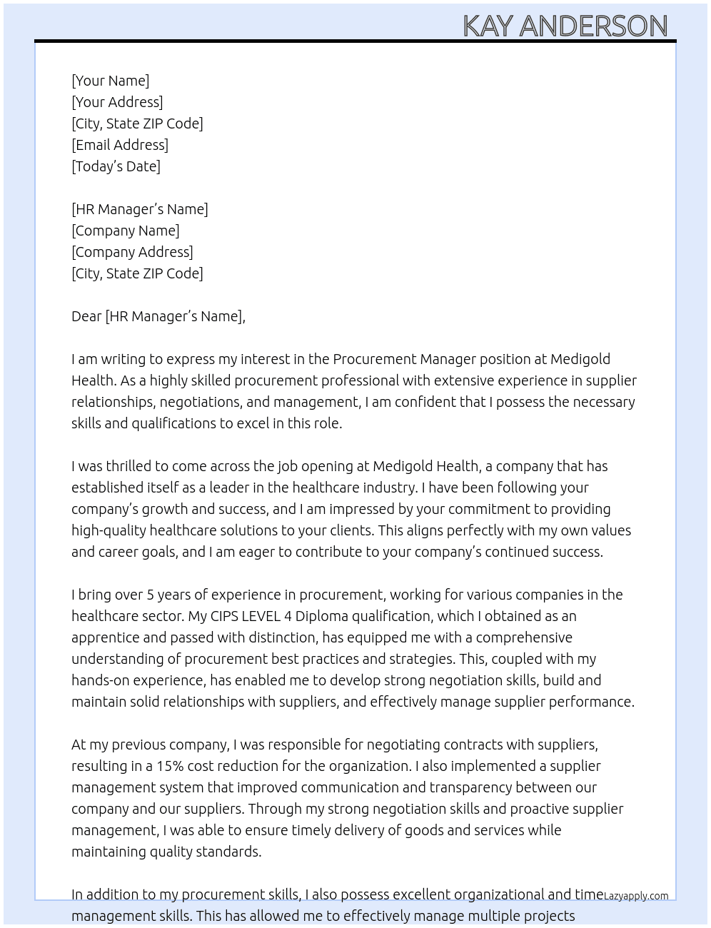 Procurement manager  At Medigold Health Cover Letter