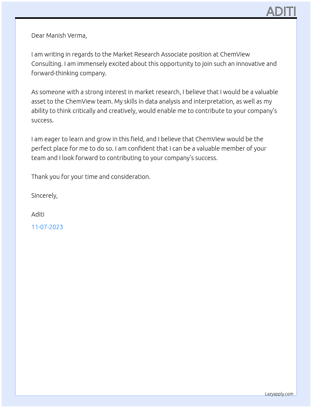Market Research Associate At ChemView Consulting Cover Letter