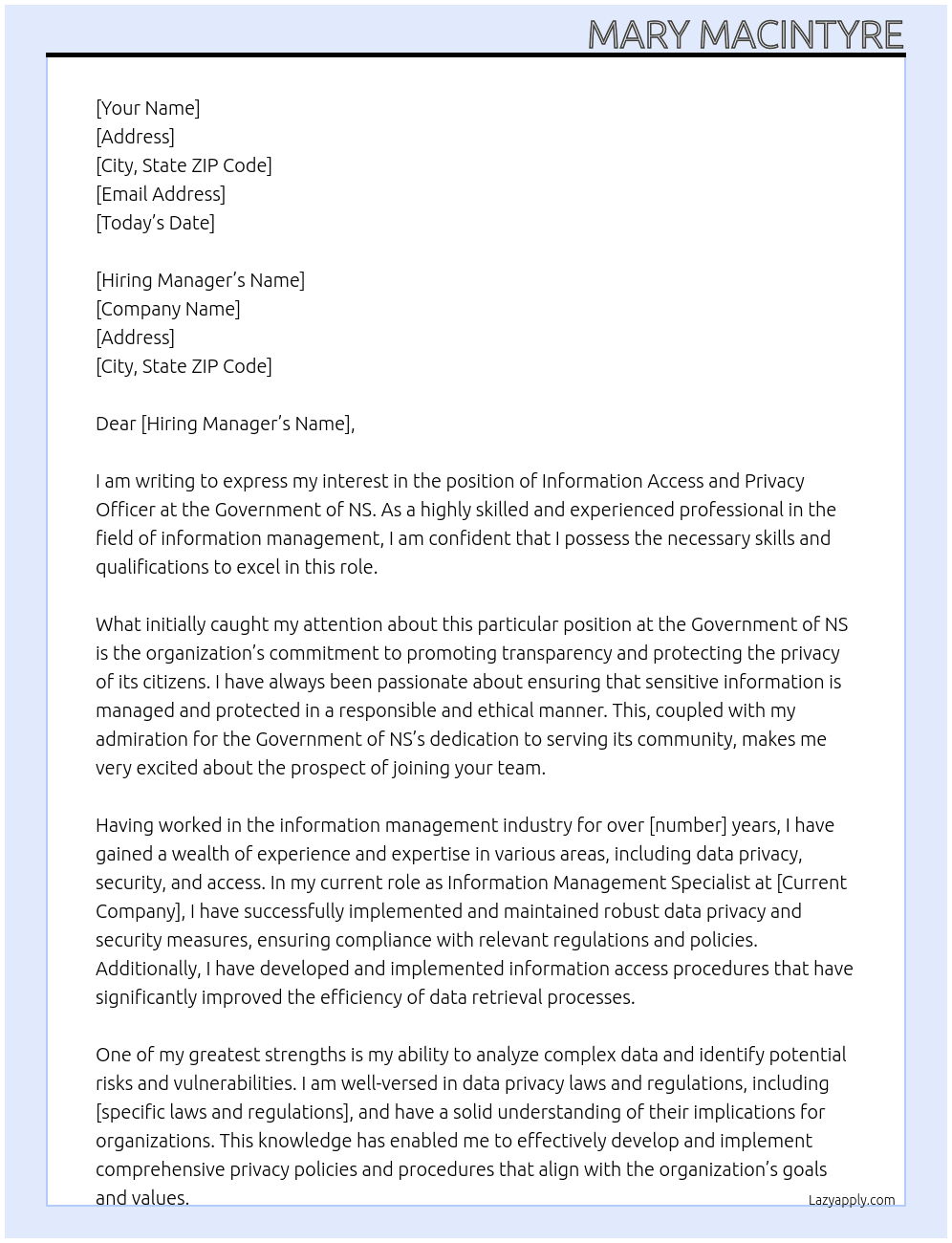 Information Access and Privacy Officer At government of ns Cover Letter