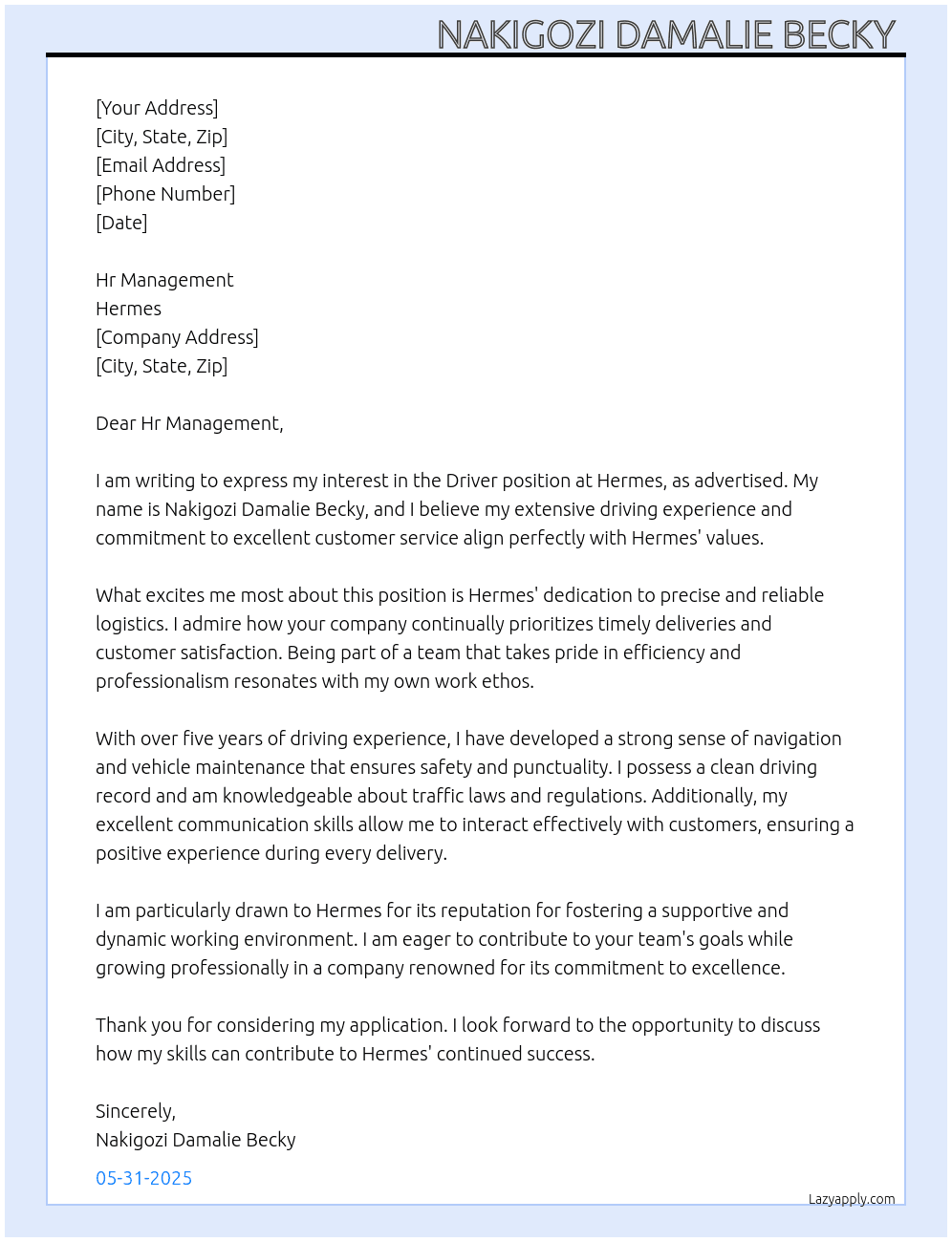 Driver At Hermes Cover Letter