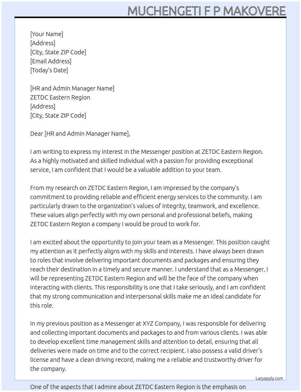 Messenger At ZETDC Eastern Region Cover Letter