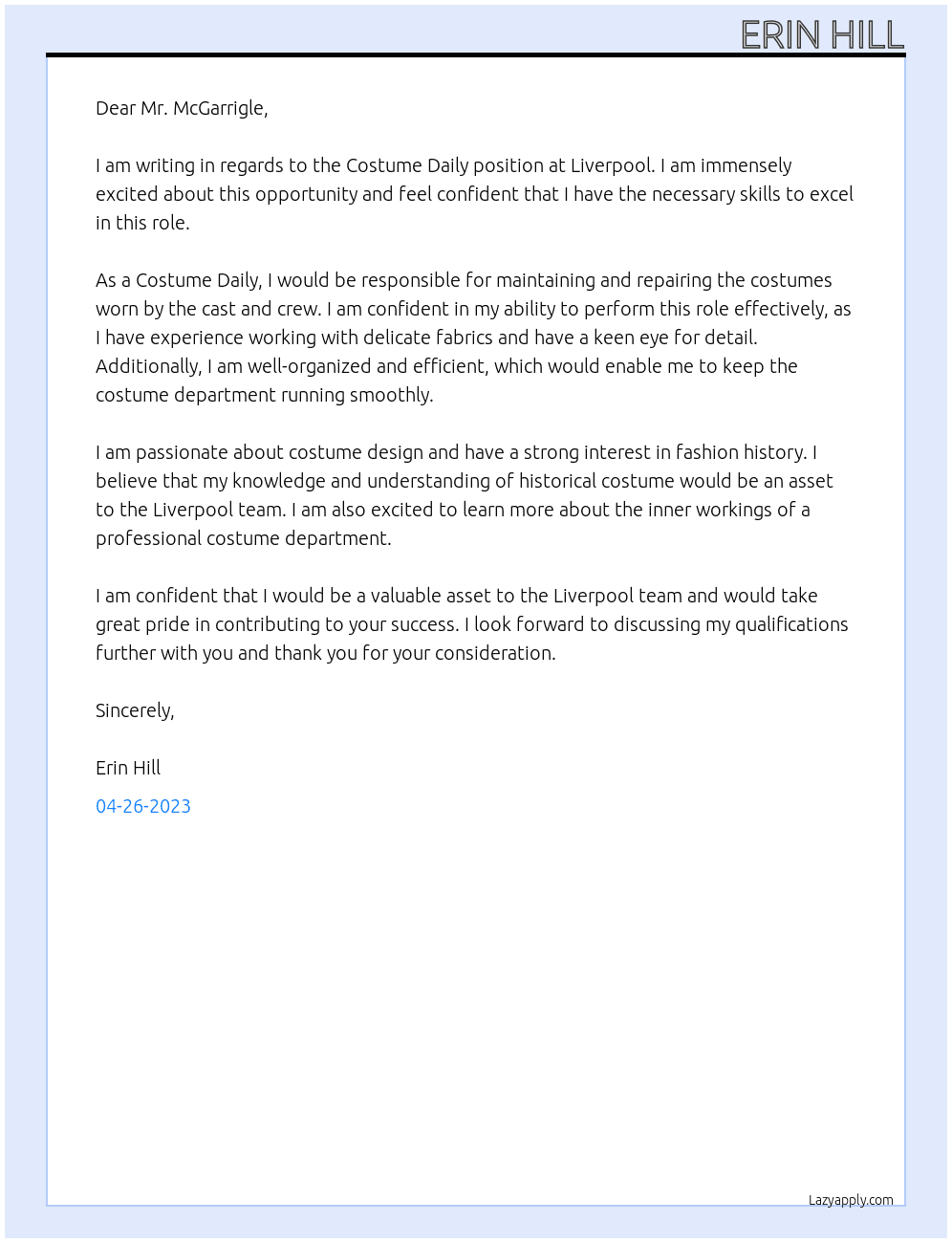 Costume Daily At Liverpool Cover Letter