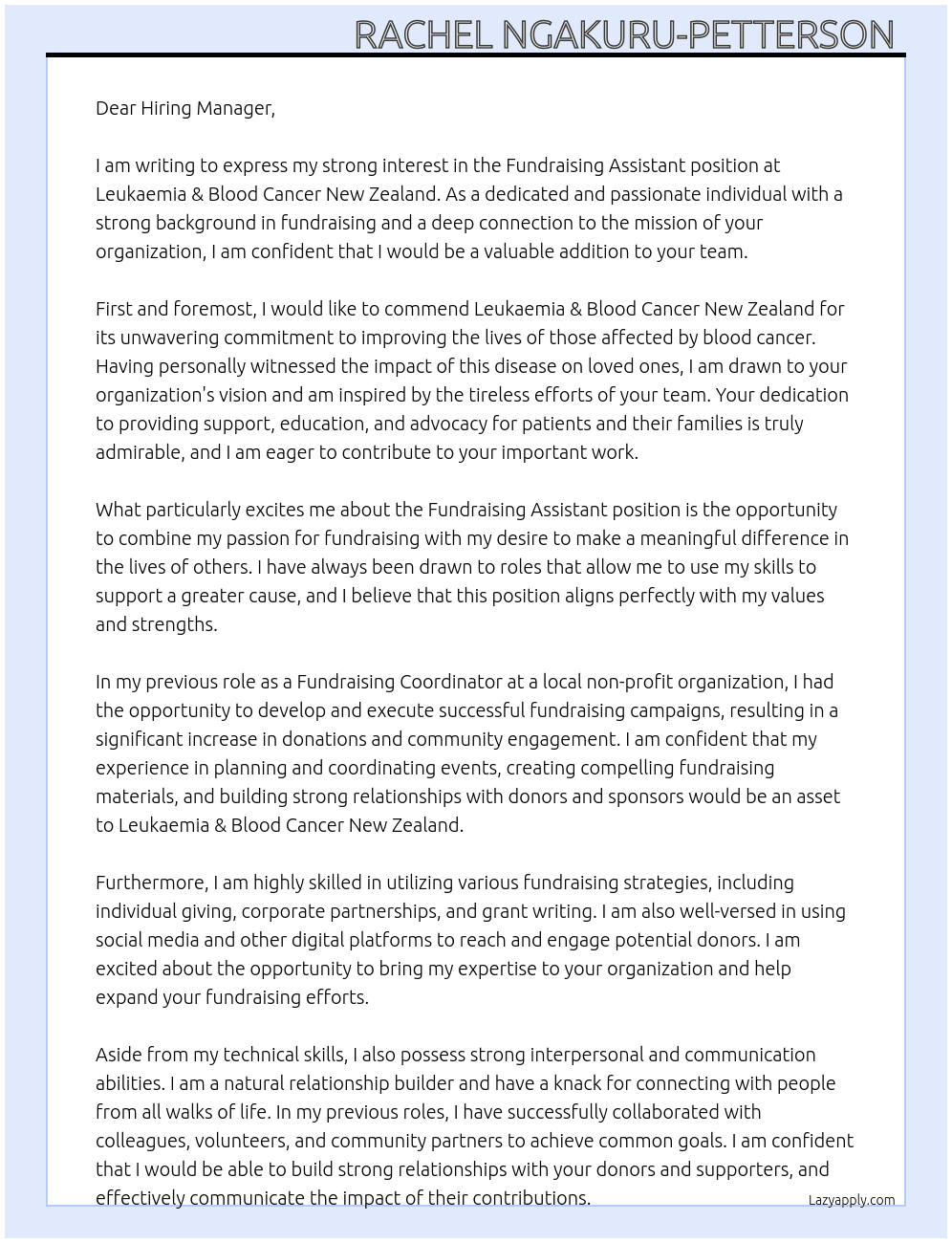 Fundraising Assistant  At Leukaemia & Blood Cancer New Zealand Cover Letter
