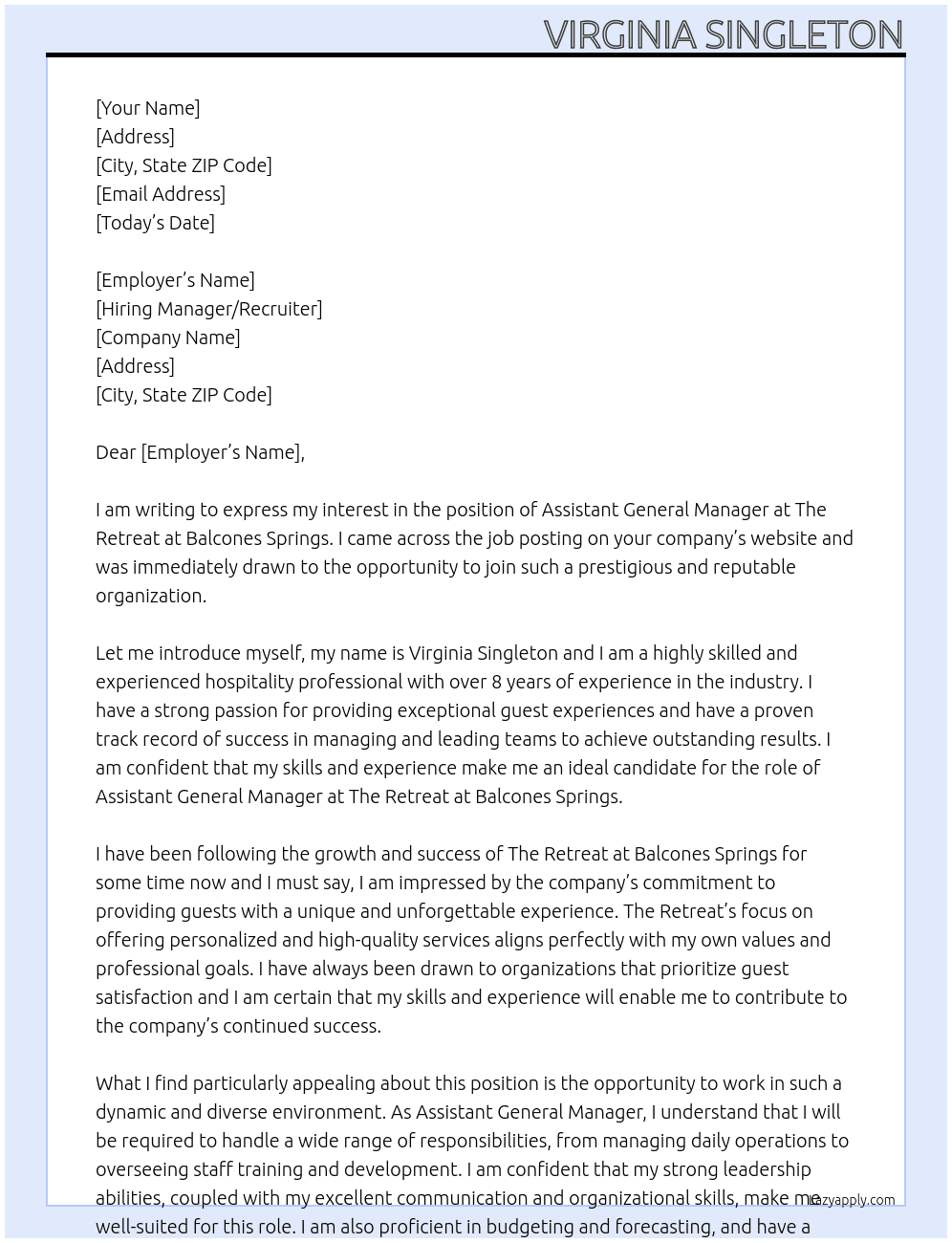 Assistant General Manager At The Retreat at Balcones Springs Cover Letter