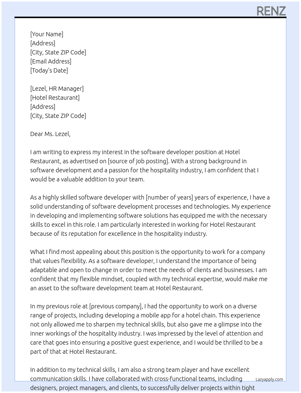 software developer At hotel restaurant  Cover Letter
