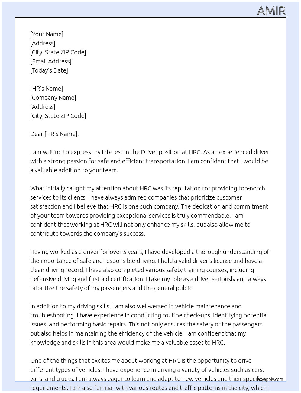 Driver At hrc Cover Letter