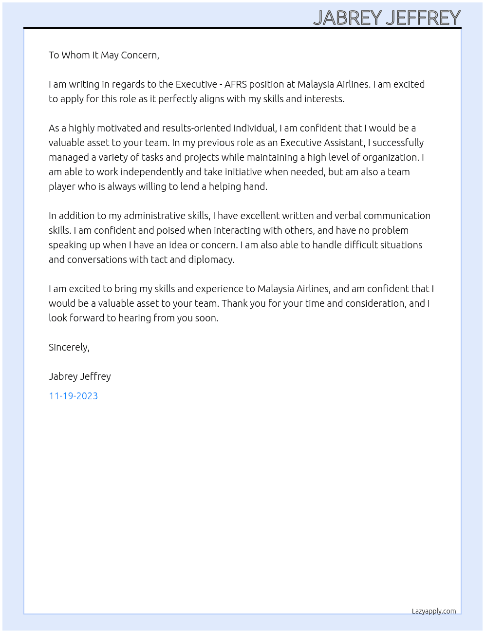 Executive - AFRS At MALAYSIA AIRPORTS Cover Letter