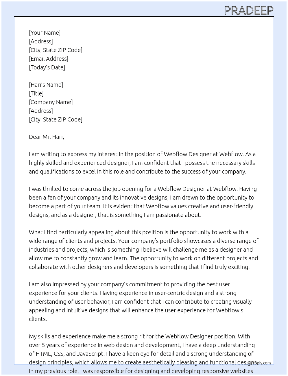 Webflow Designer At Webflow Cover Letter