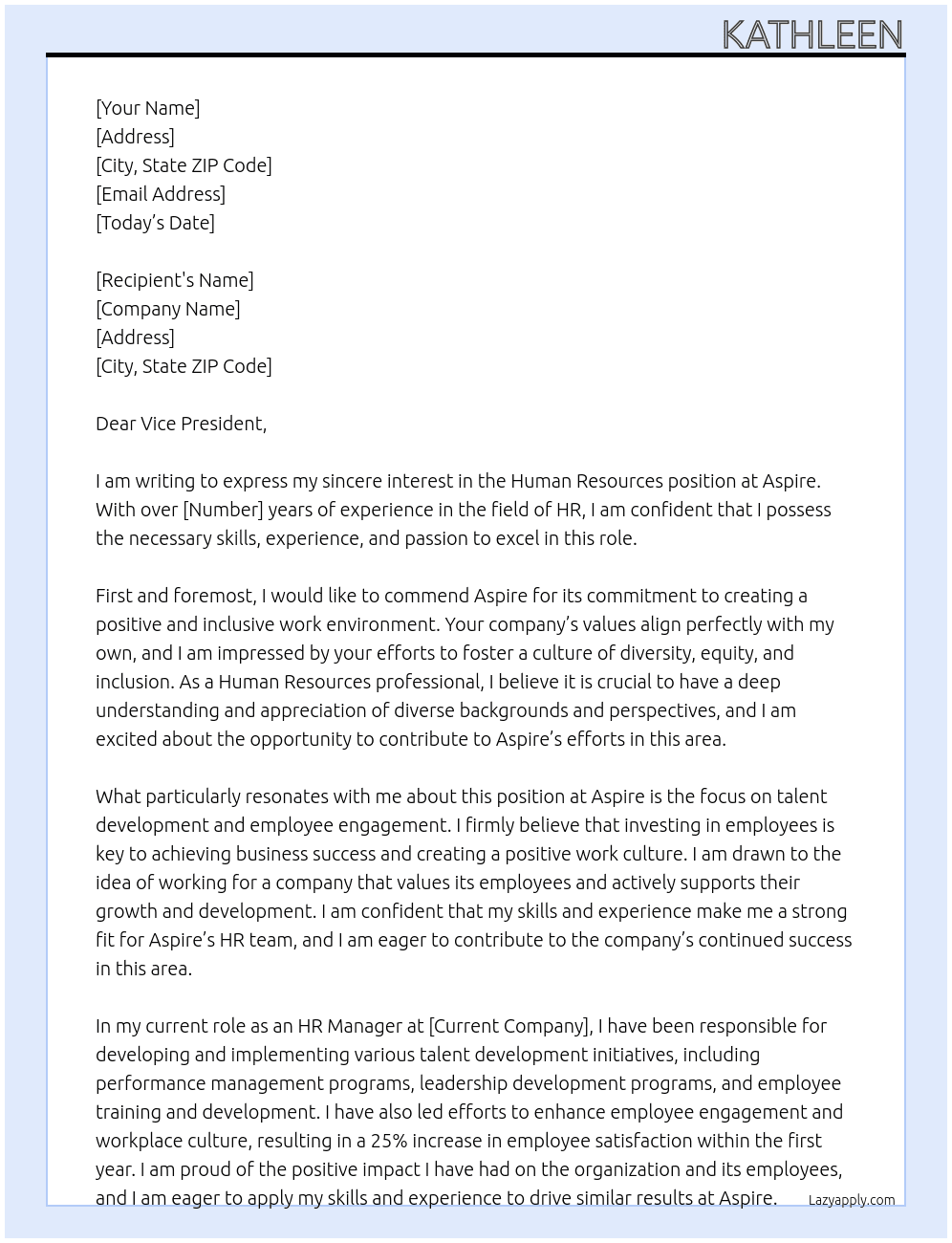 Human resources At Aspire Cover Letter