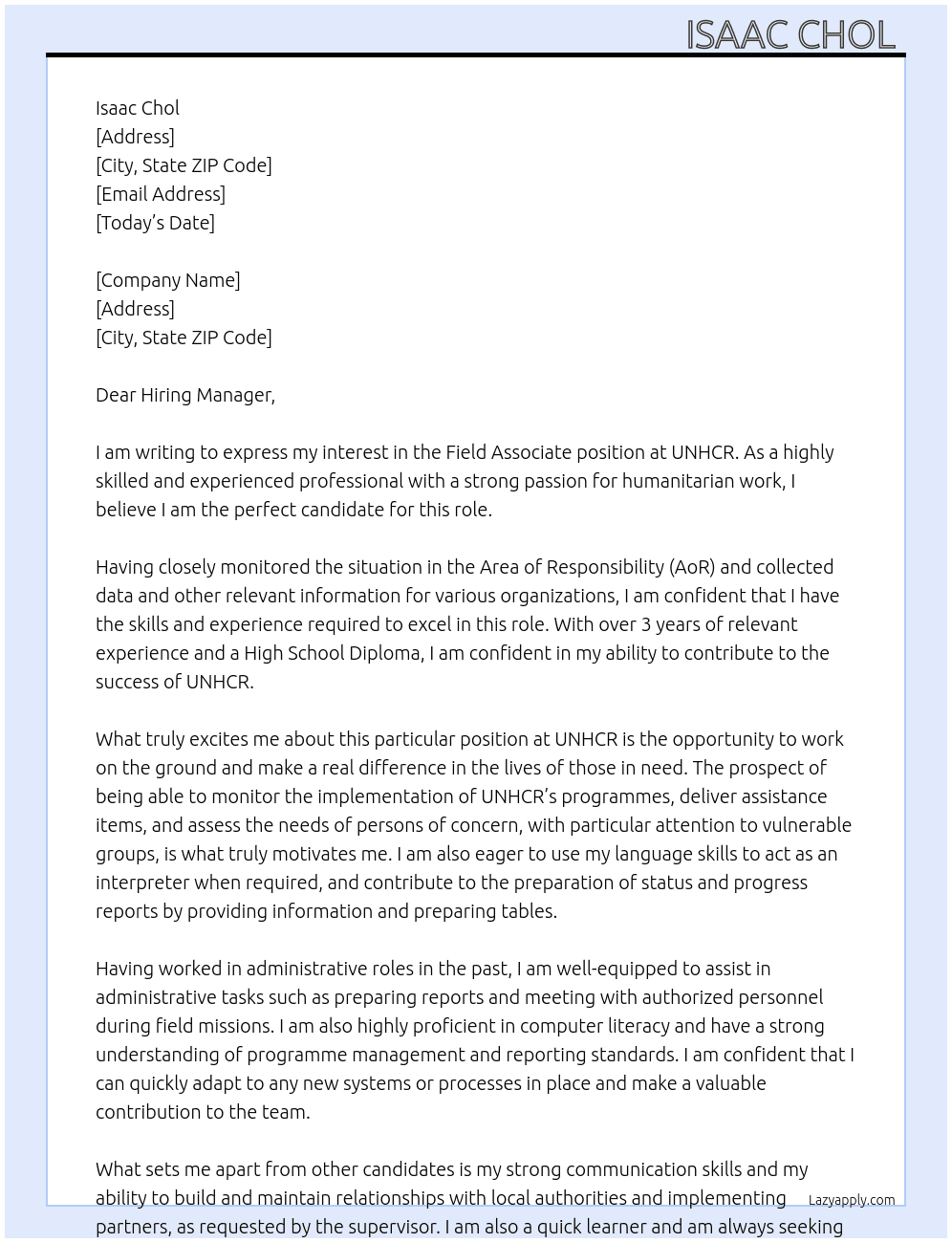 Field Associate At UNHCR Cover Letter
