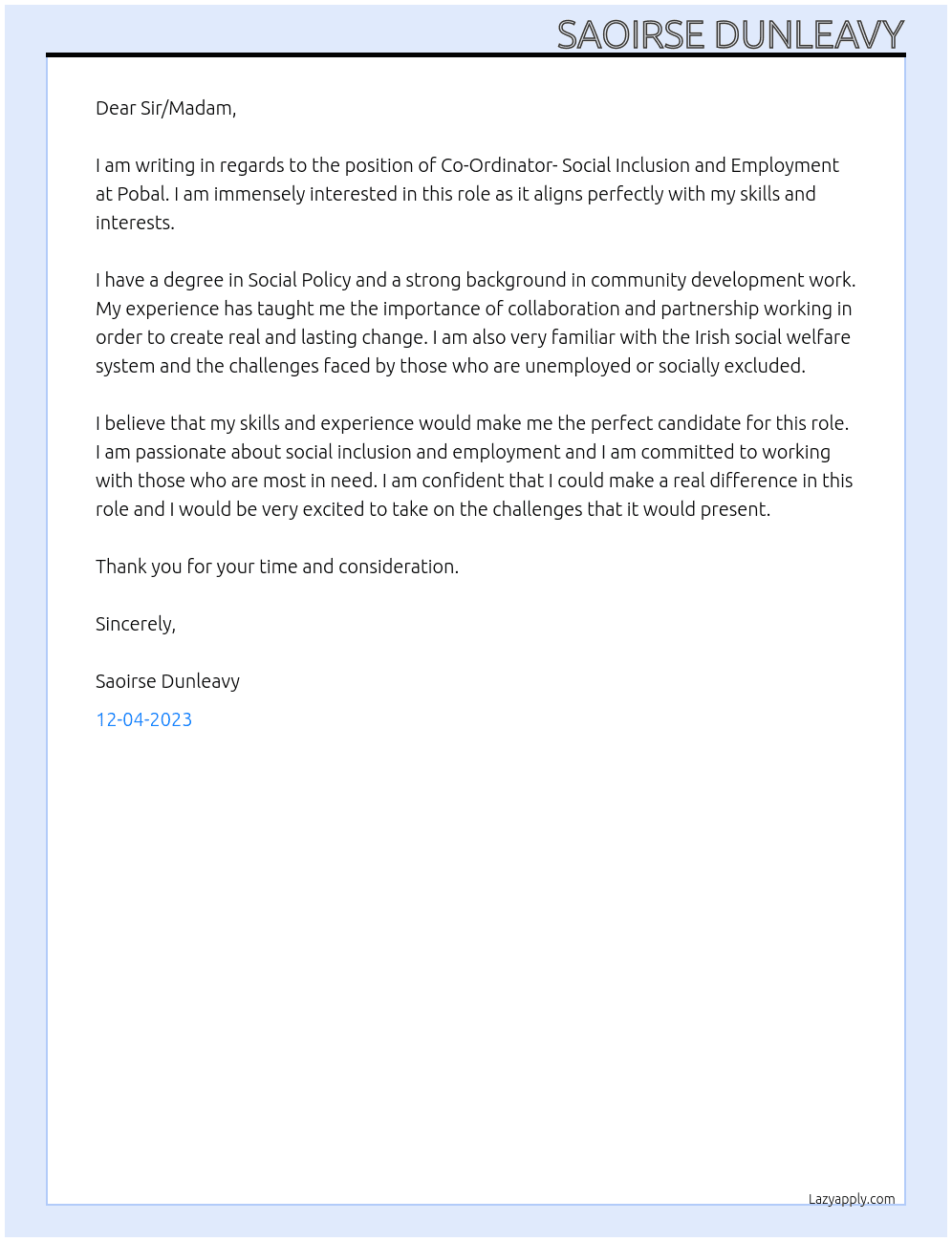 Co-Ordinator- Social Inclusion and Employment  At Pobal Cover Letter