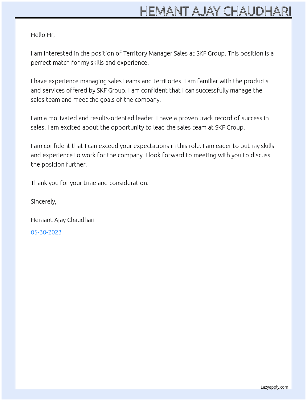 Territory Manager Sales At SKF Group Cover Letter