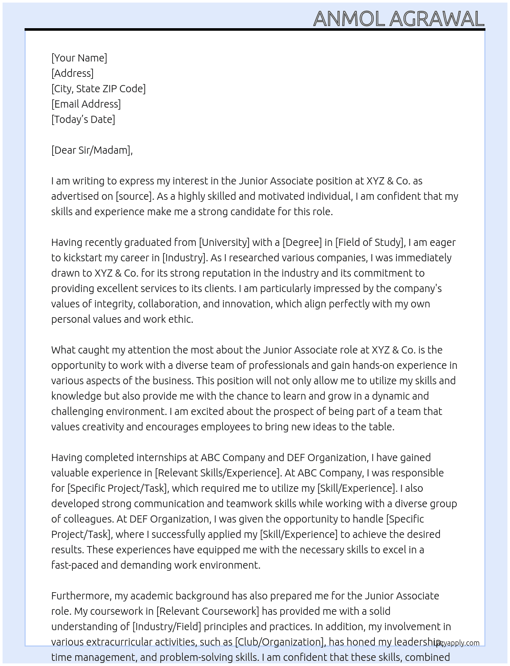 Junior Associate At XYZ & Co. Cover Letter