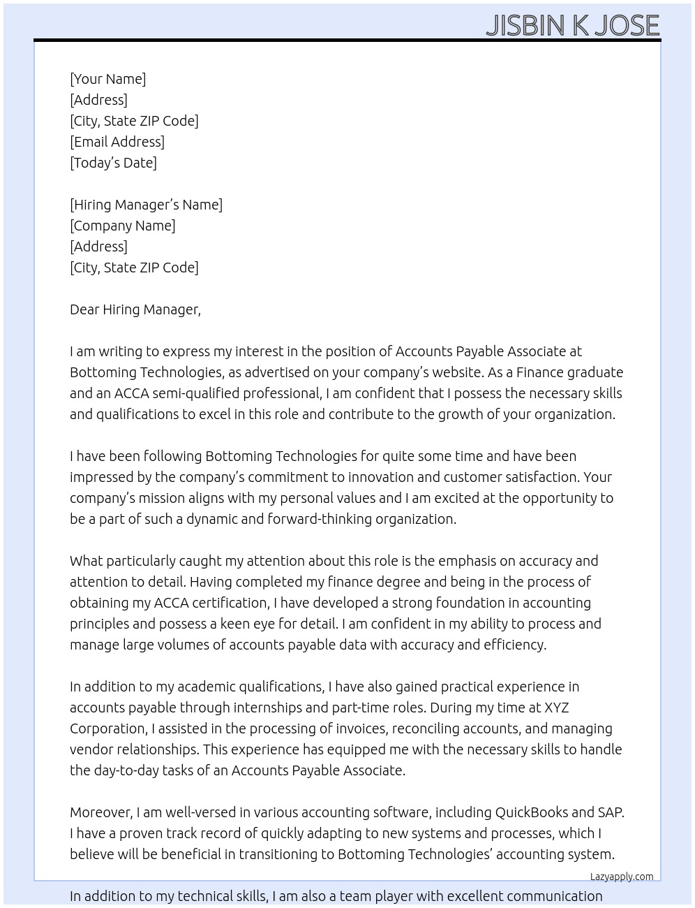 Accounts Payable Associate At Bottoming Technologies  Cover Letter