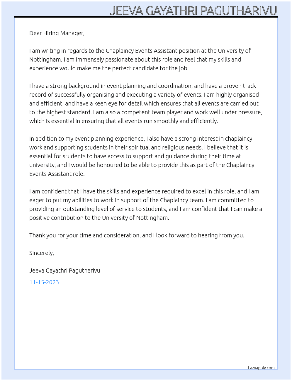 Chaplaincy Events Assistant At University of Nottingham Cover Letter