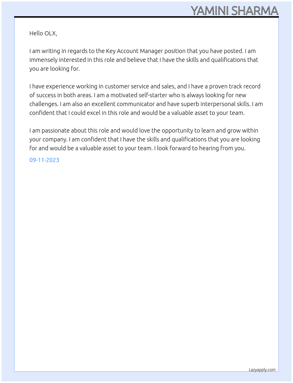 Key Account Manager  At OLX Cover Letter