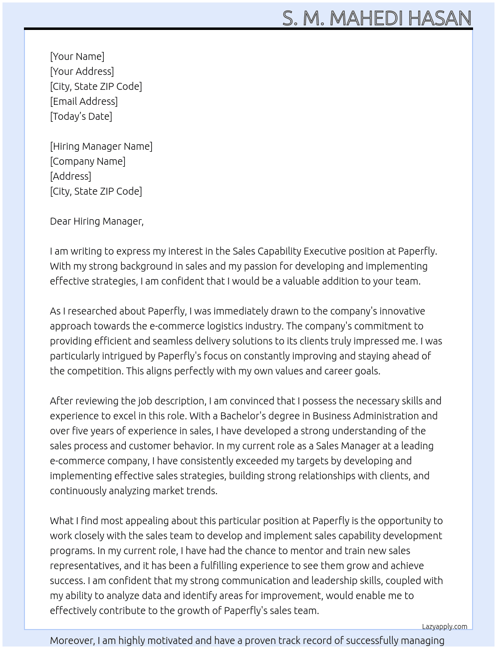 Sales Capability Executive At Paperfly Cover Letter