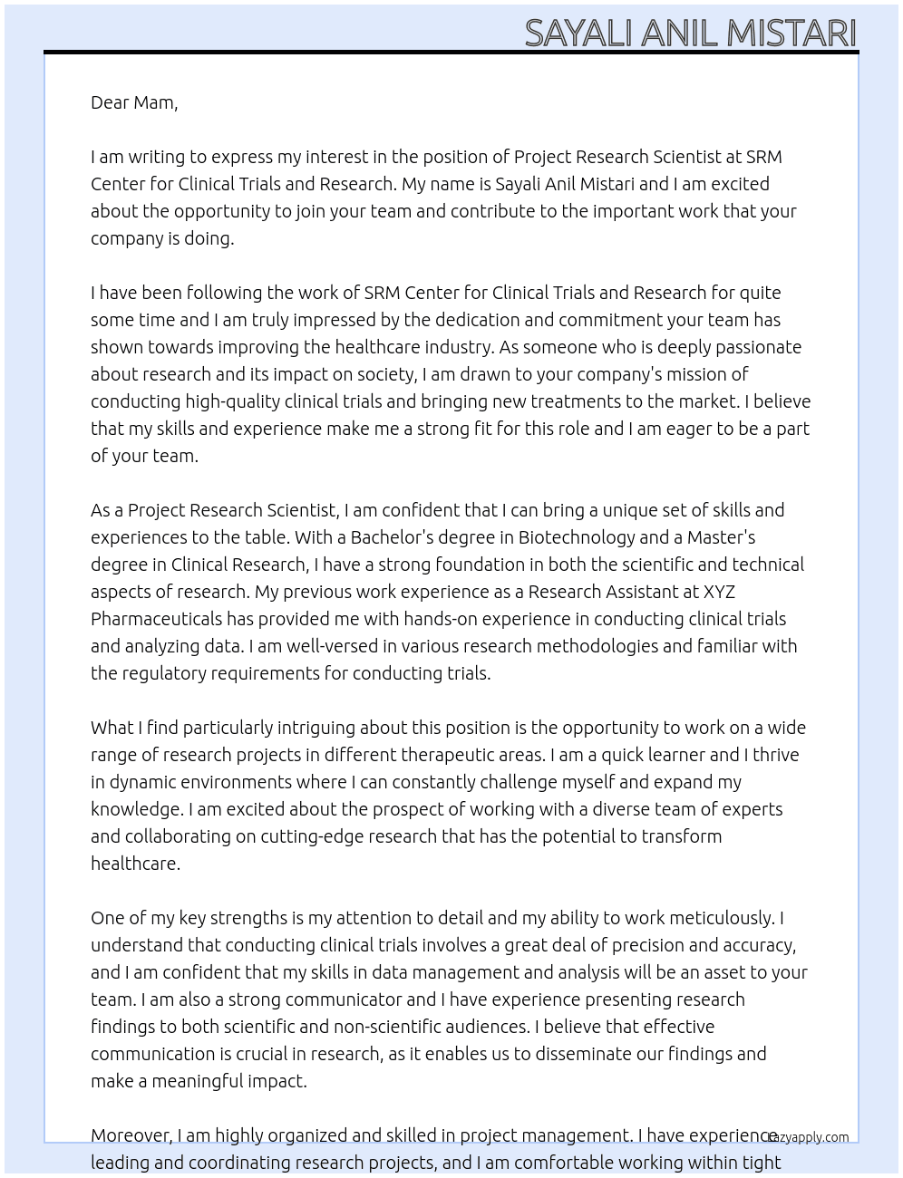Project research Scientist At SRM Center For Clinical Trials And Research Cover Letter
