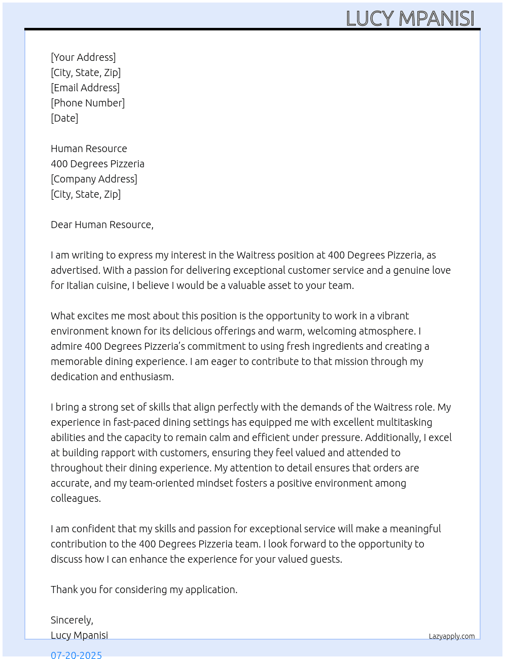 Waitress At 400 degrees pizzeria  Cover Letter