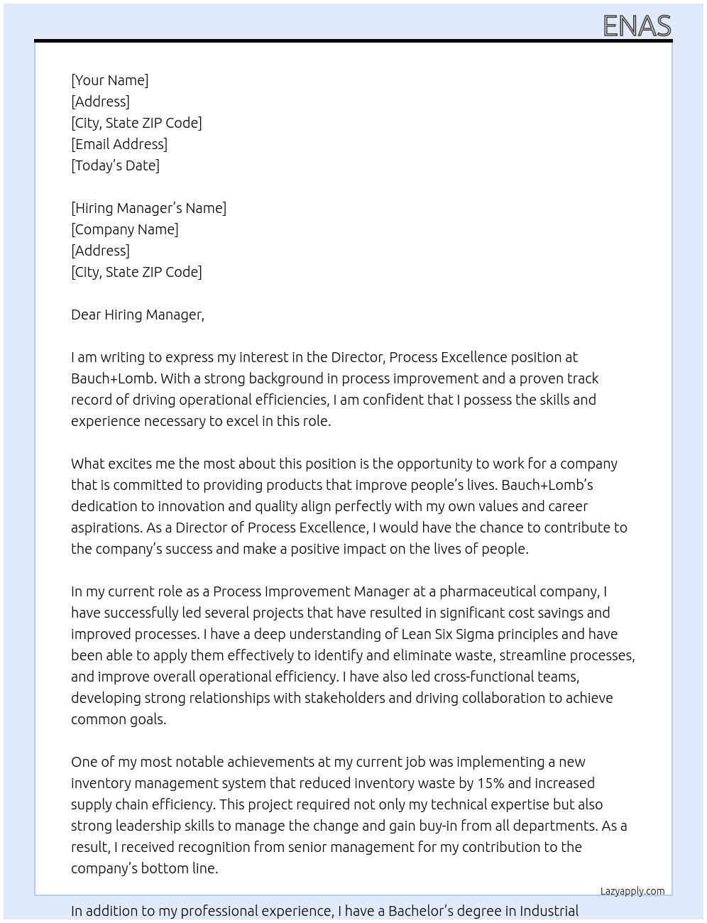 Director, Process Excellence At Bauch+Lomb Cover Letter