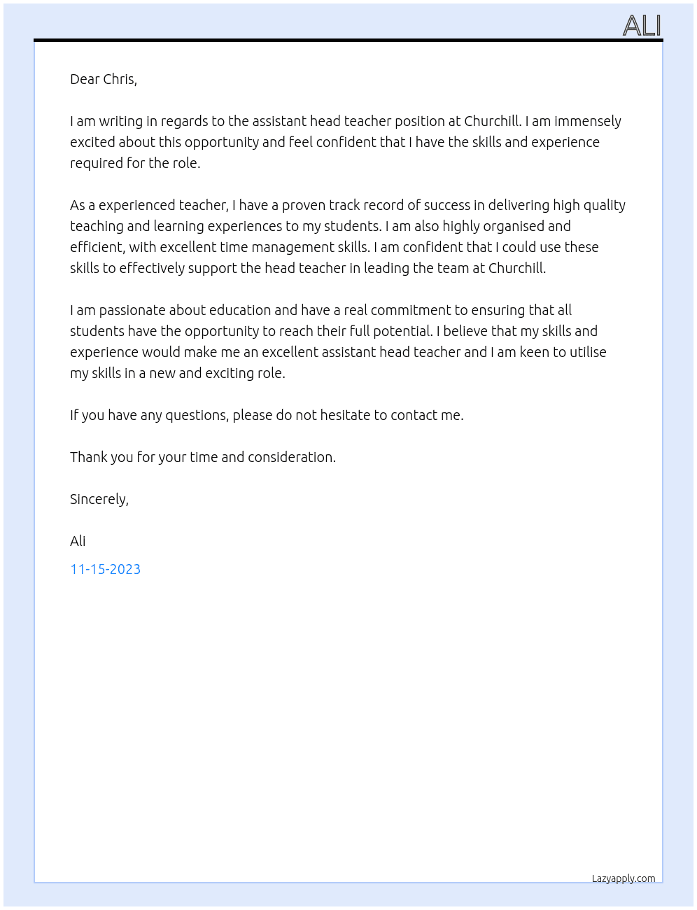Assistant head teacher At Churchill  Cover Letter