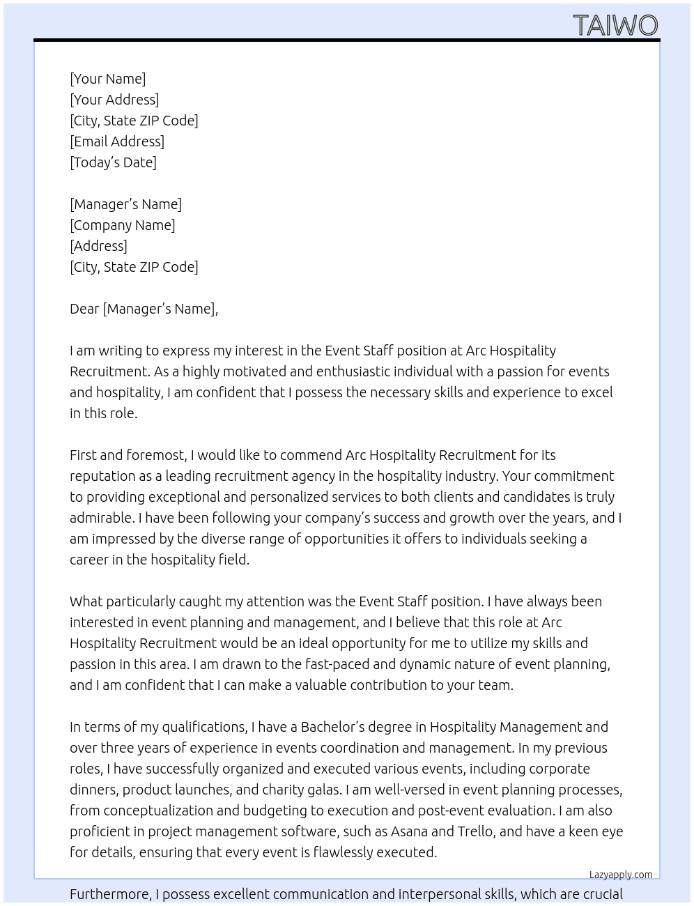 Event Staff At Arc Hospitsality Recruitment Cover Letter