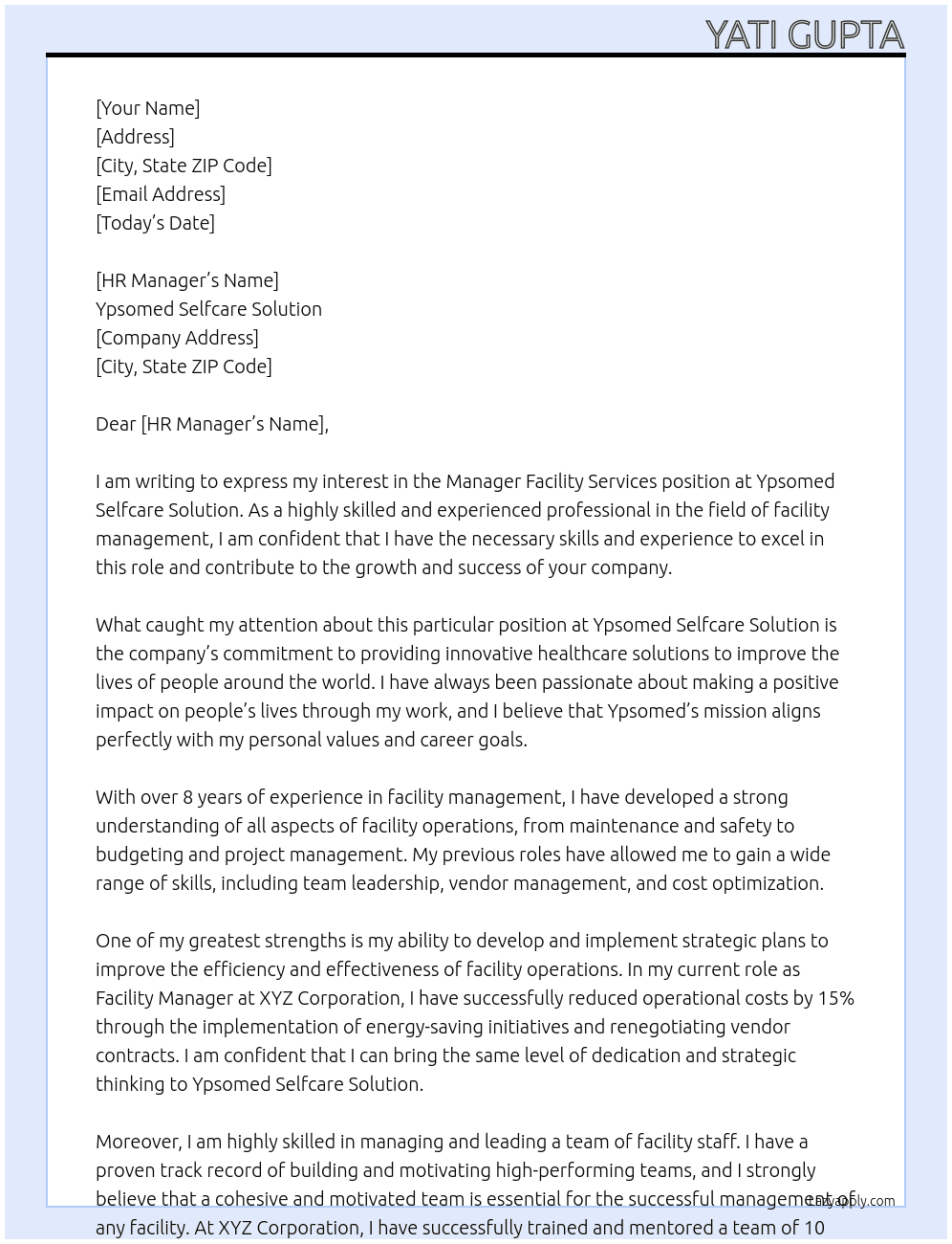 Manager Facility Services  At Ypsomed Selfcare Solution Cover Letter