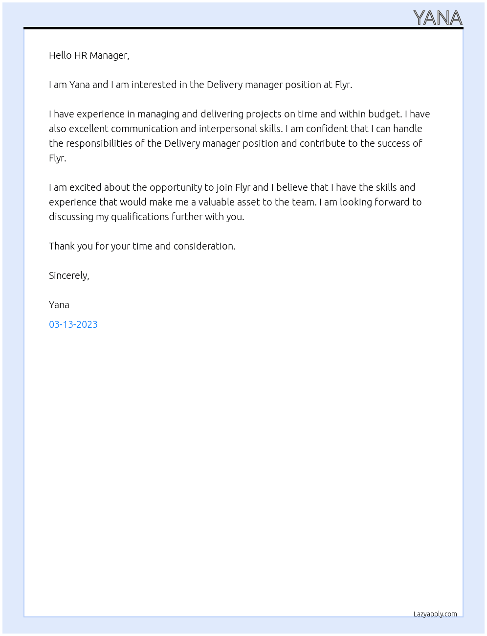 Delivery manager At Flyr Cover Letter