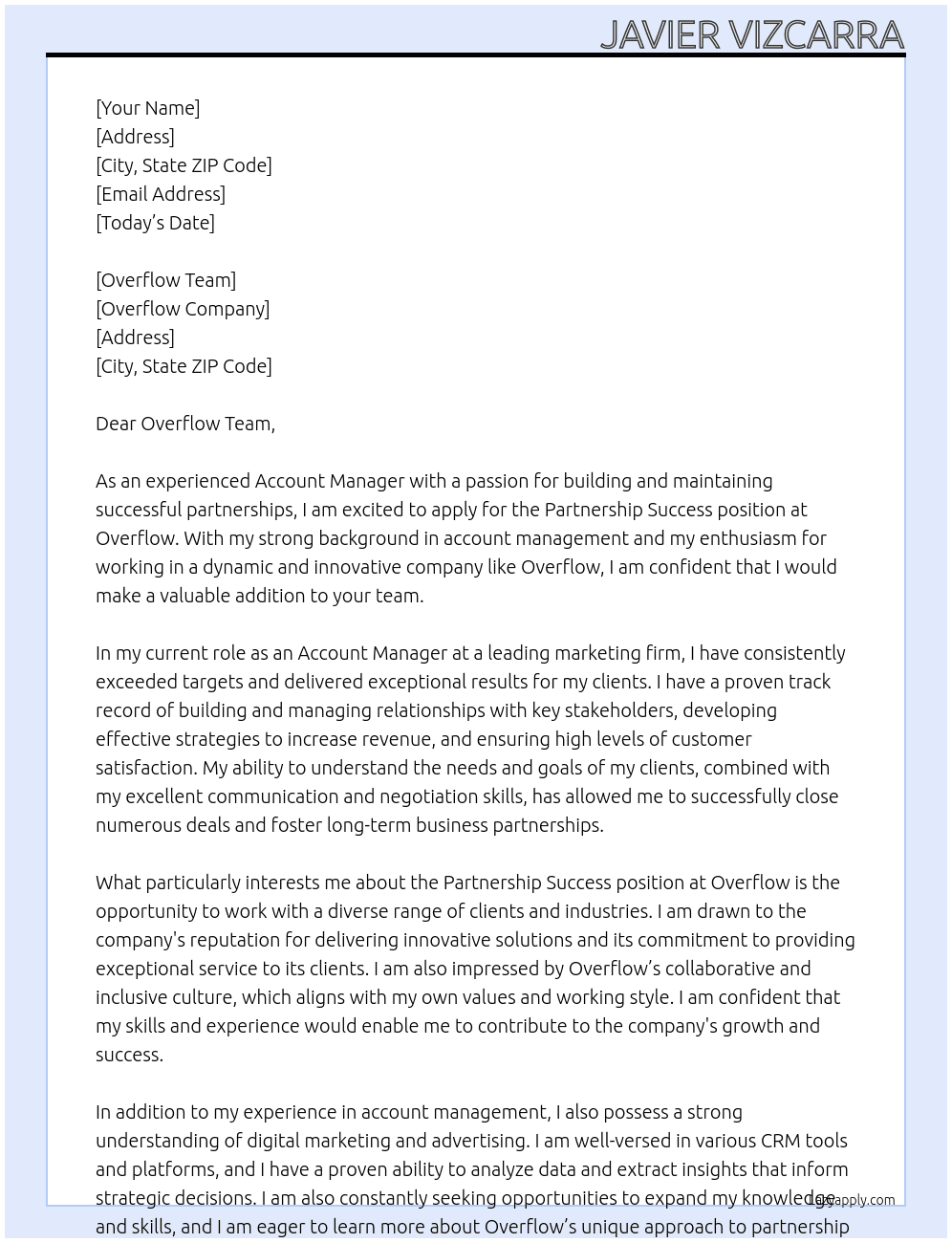 Partnership Success, Account Manager At Overflow Cover Letter