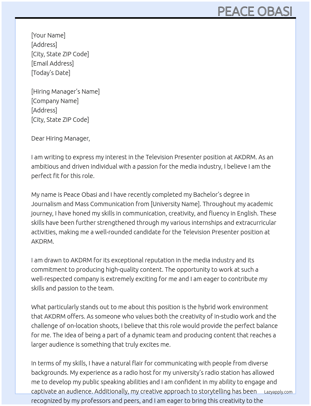 Television Presenter  At AKDRM Cover Letter