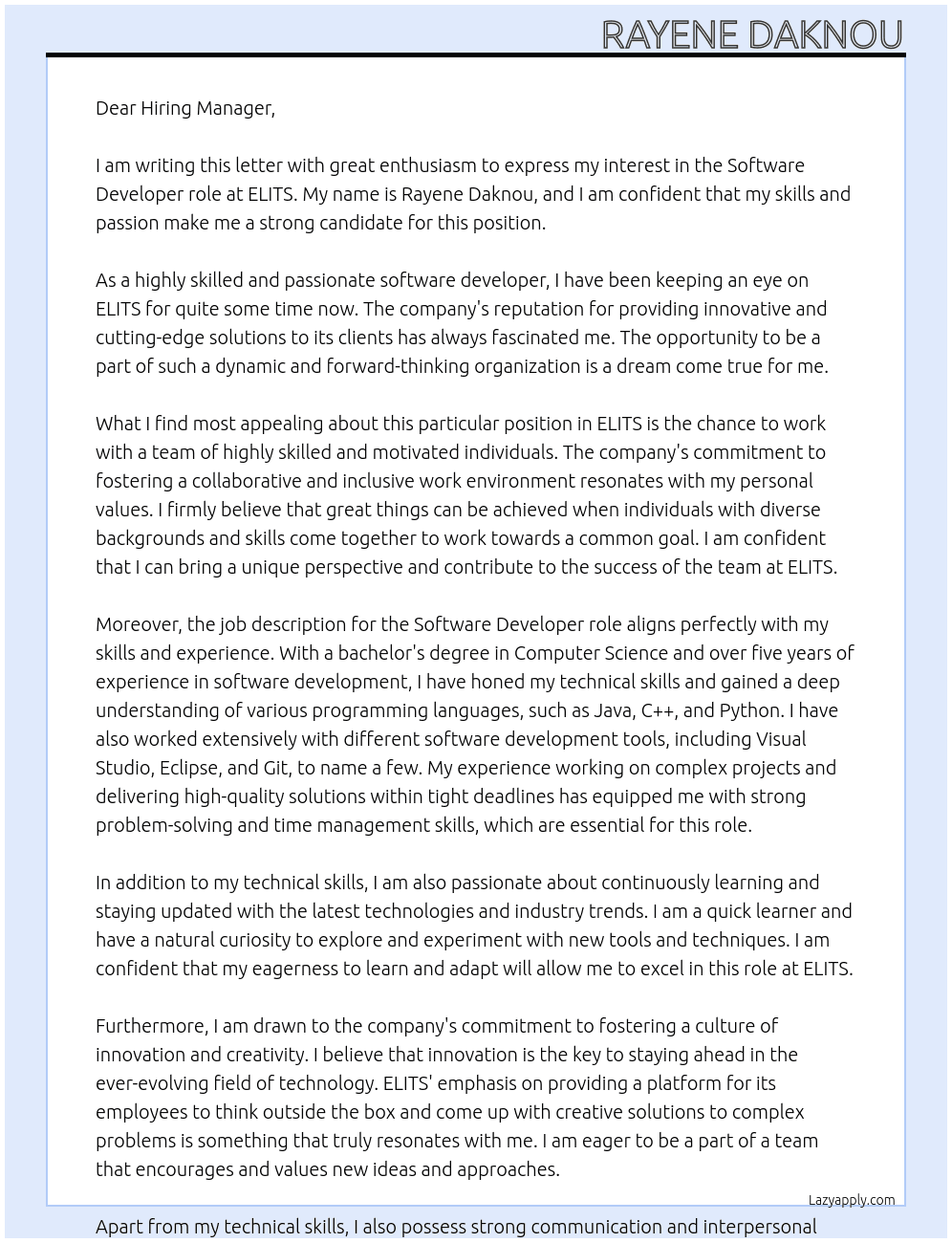 Software Developer At ELITS Cover Letter