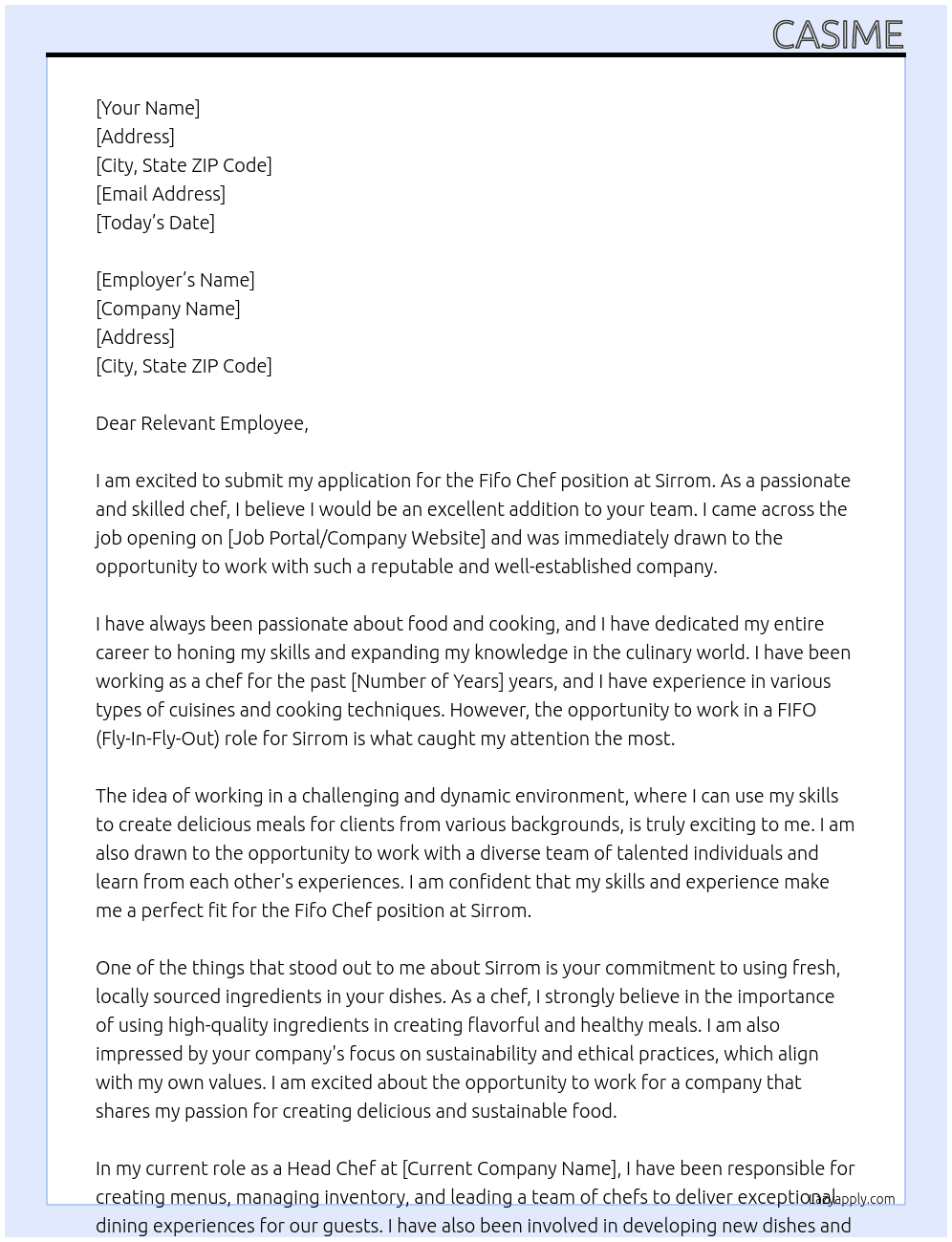 Fifo chef At Sirrom Cover Letter