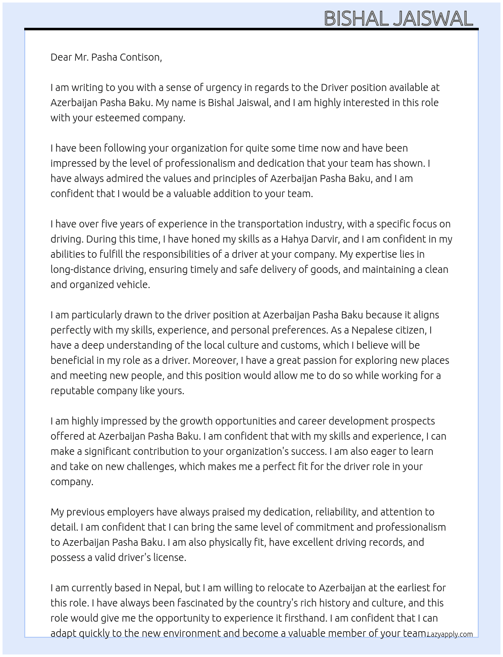 Driver  At Azerbaijan pasha baku Cover Letter