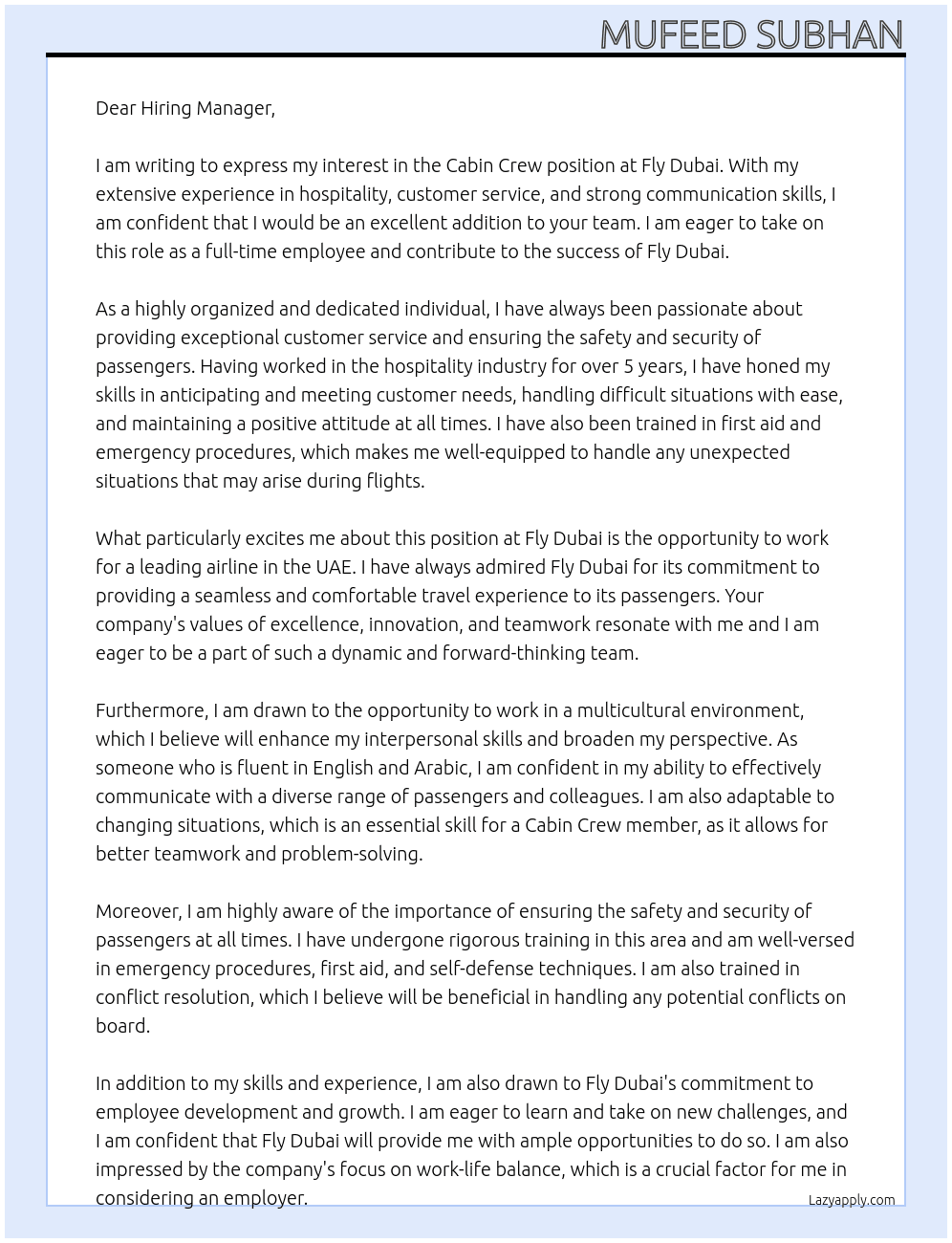 CabinCrew At Fly Dubai Cover Letter