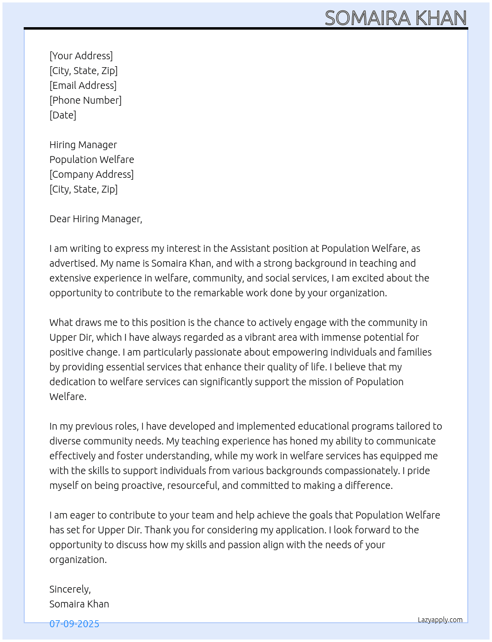istant At population welfare Cover Letter