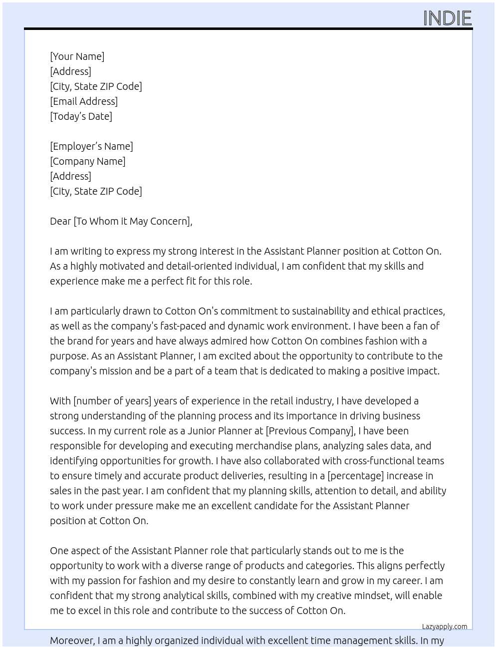 Assistant Planner At Cotton On Cover Letter