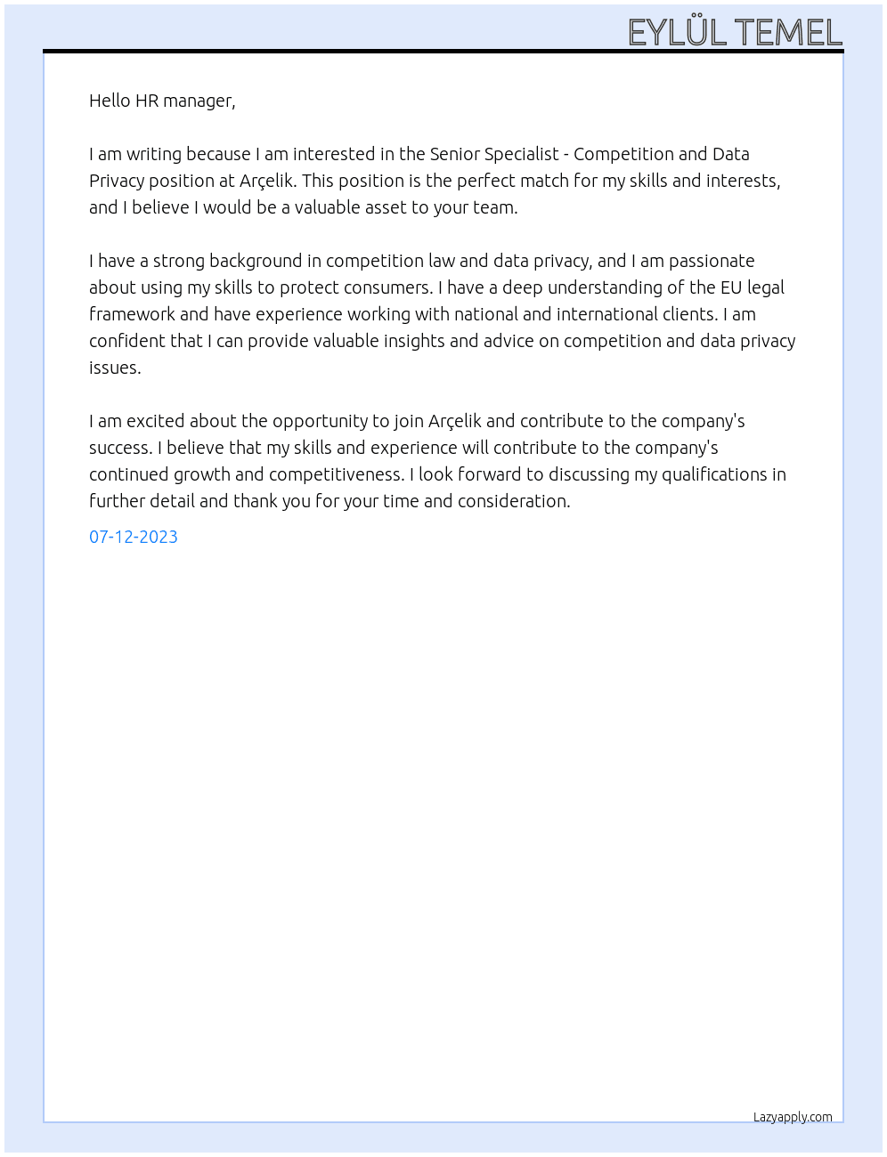 Senior Specialist - Competition and Data Privacy At Arçelik Cover Letter
