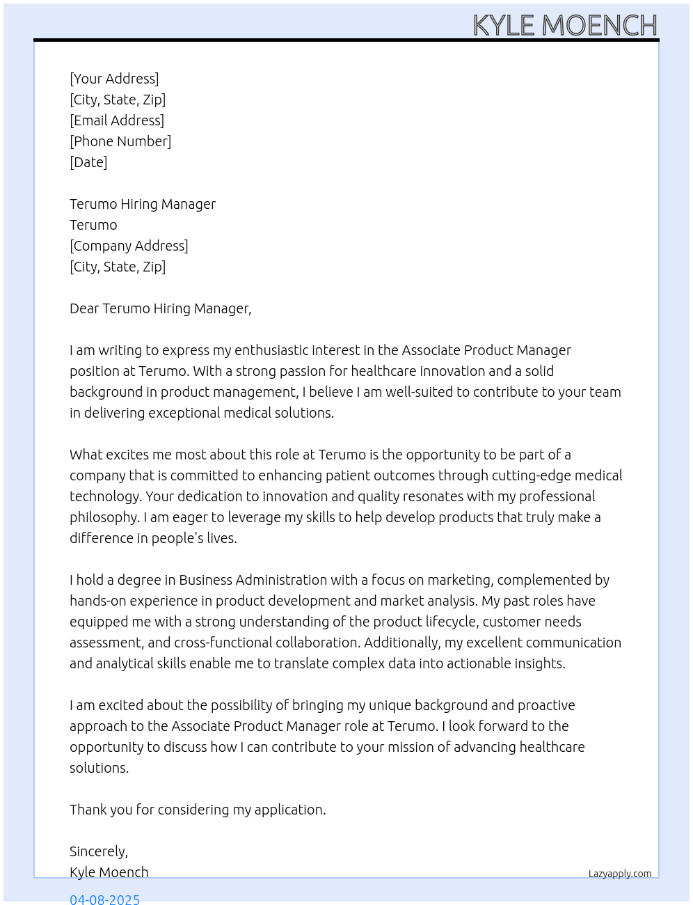 Associate Product Manager At Terumo Cover Letter
