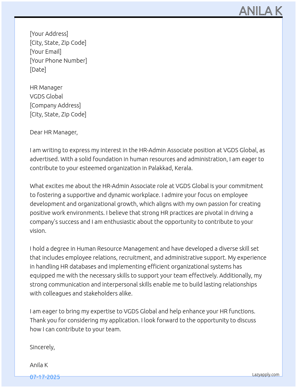 HR-Admin Associate  At VGDS Global Cover Letter