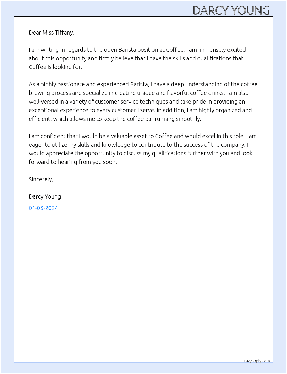 Barista  At Coffee Cover Letter