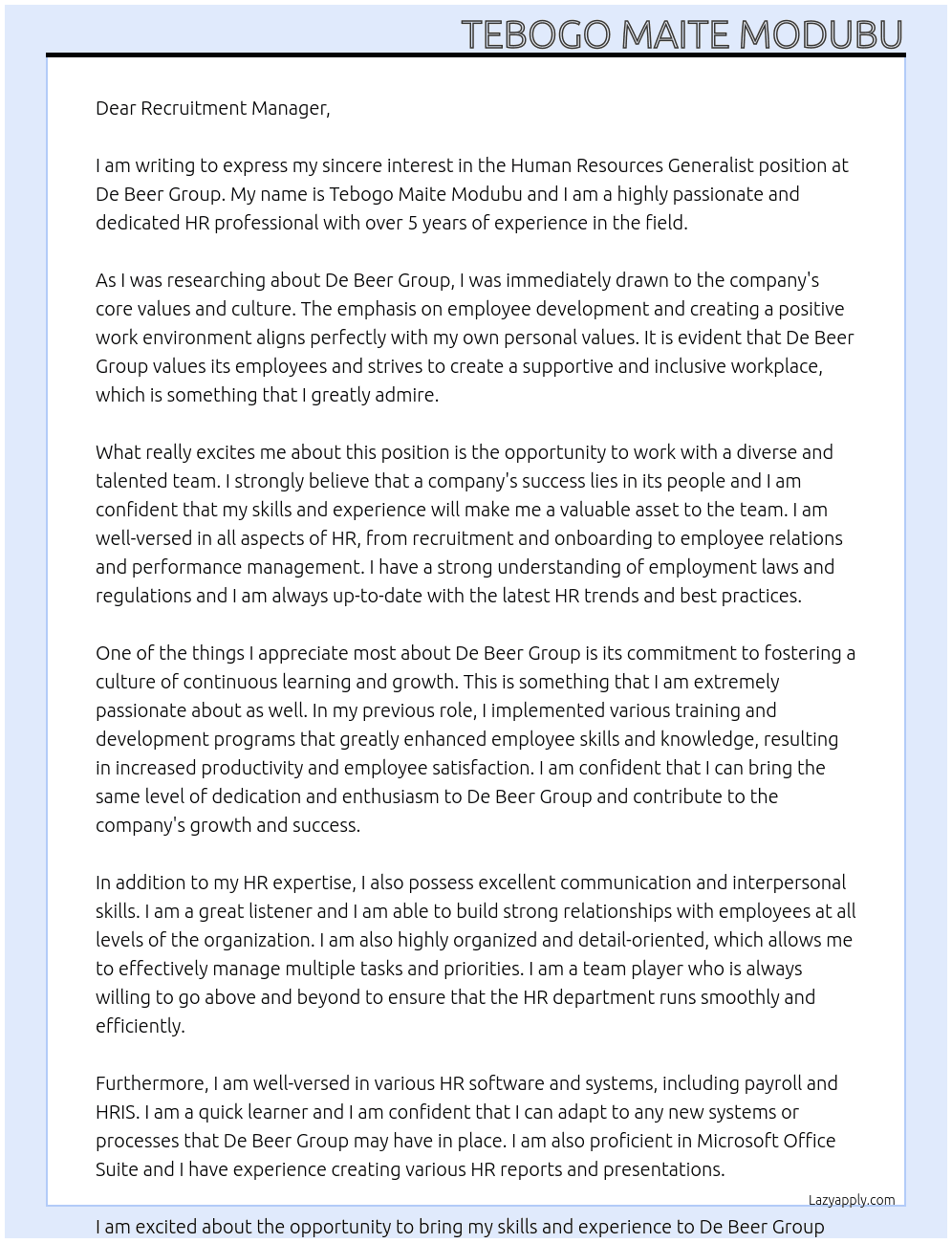 Human Resources Generalist At De Beer Group Cover Letter